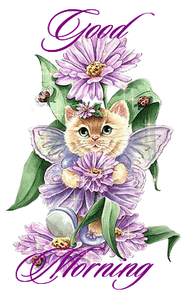 Good Morning Cat with Flowers Glitter Good Morning Picture