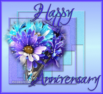 Happy Anniversary Blue Flowers Glitter
